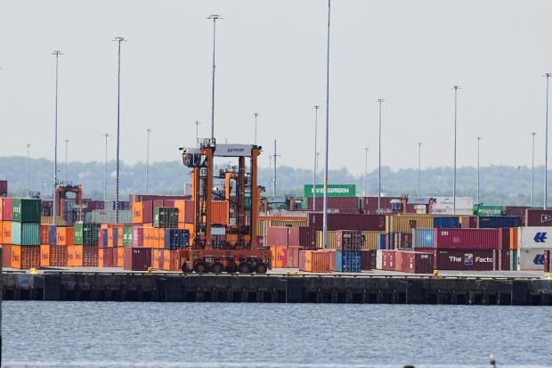 Shown are shipping containers at the port of the port of New York